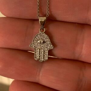 - 18 K White Gold Plate Hamza Pendant Necklace